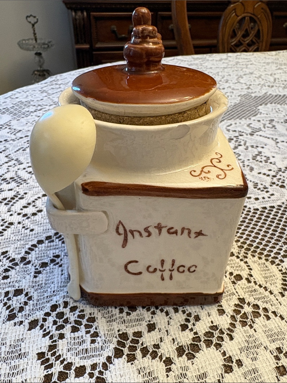 Ceramic Instant Coffee Canister with Spoon - Brown & Cream